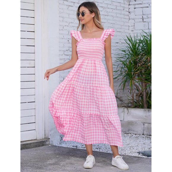 Mommy and Me Plaid Midi Dress Summer Square Neck Ruffle Flowy Beach Outfit - Picture 3 of 6